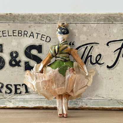 Antique Miniature Peg Doll Paper Dress Folk Art Hand Painted c1920
