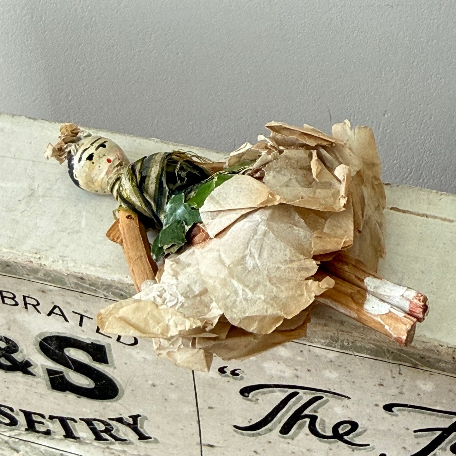 Antique Miniature Peg Doll Paper Dress Folk Art Hand Painted c1920