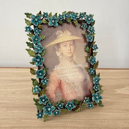 Floral Crystal Photo Frame 4x6 Blue Flower Decorative Vintage Style Gift
