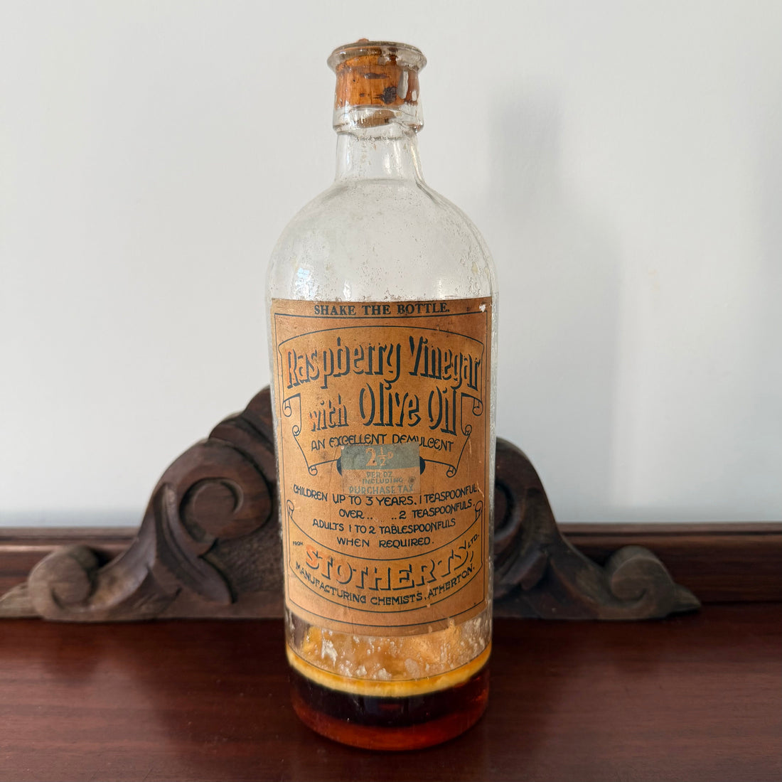 Vintage Raspberry Vinegar Bottle Stones Chemist Atherton Cork Stopper
