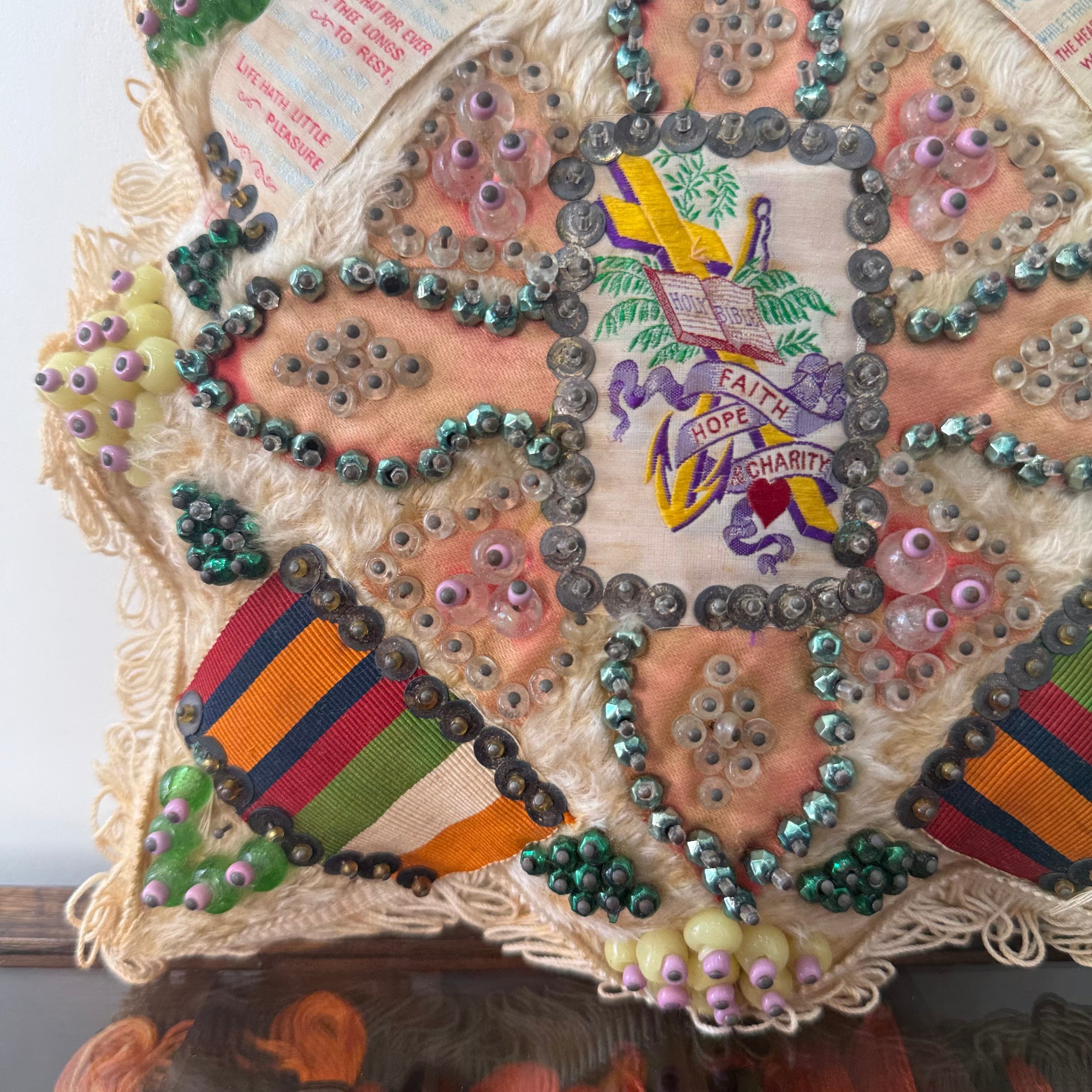 WWI Sweetheart Pin Cushion Beaded Star Faith Hope Charity Ribbons