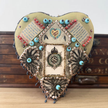 WWI Army Service Corps Beaded Heart Cushion Sweetheart Pin Cushion