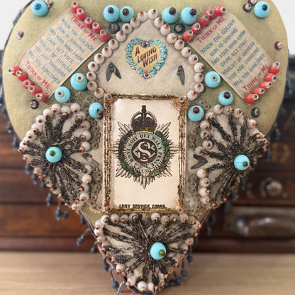 WWI Army Service Corps Beaded Heart Cushion Sweetheart Pin Cushion