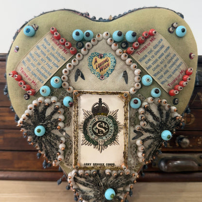 WWI Army Service Corps Beaded Heart Cushion Sweetheart Pin Cushion