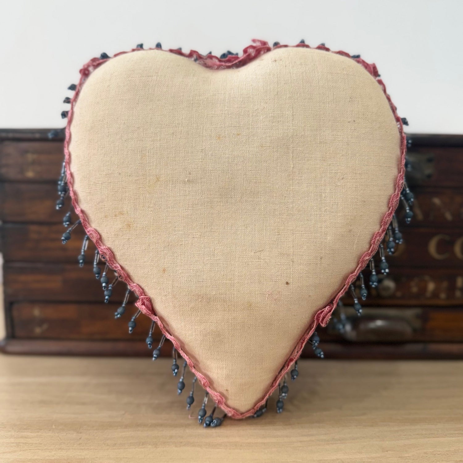 WWI Army Service Corps Beaded Heart Cushion Sweetheart Pin Cushion