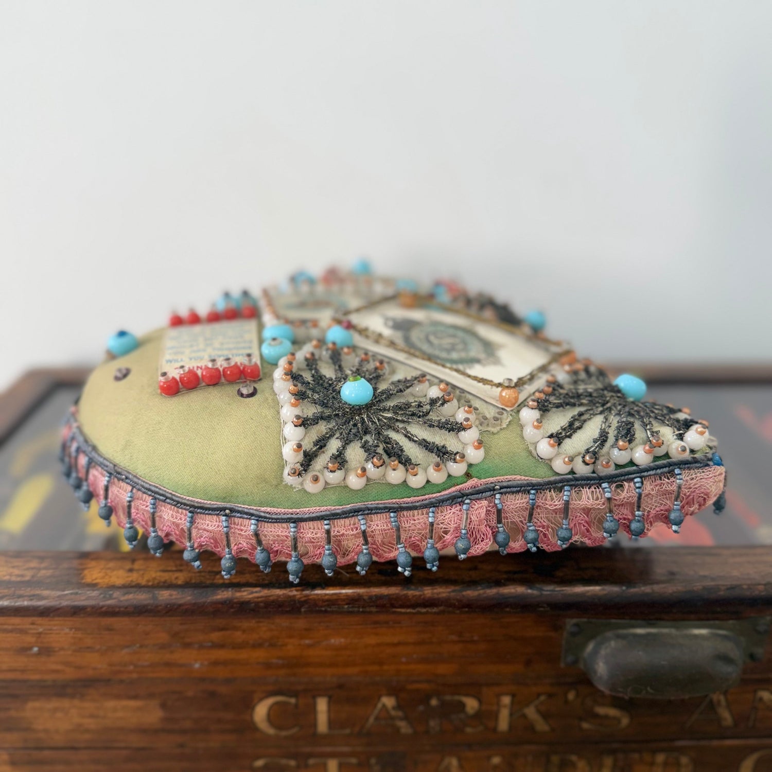 WWI Army Service Corps Beaded Heart Cushion Sweetheart Pin Cushion