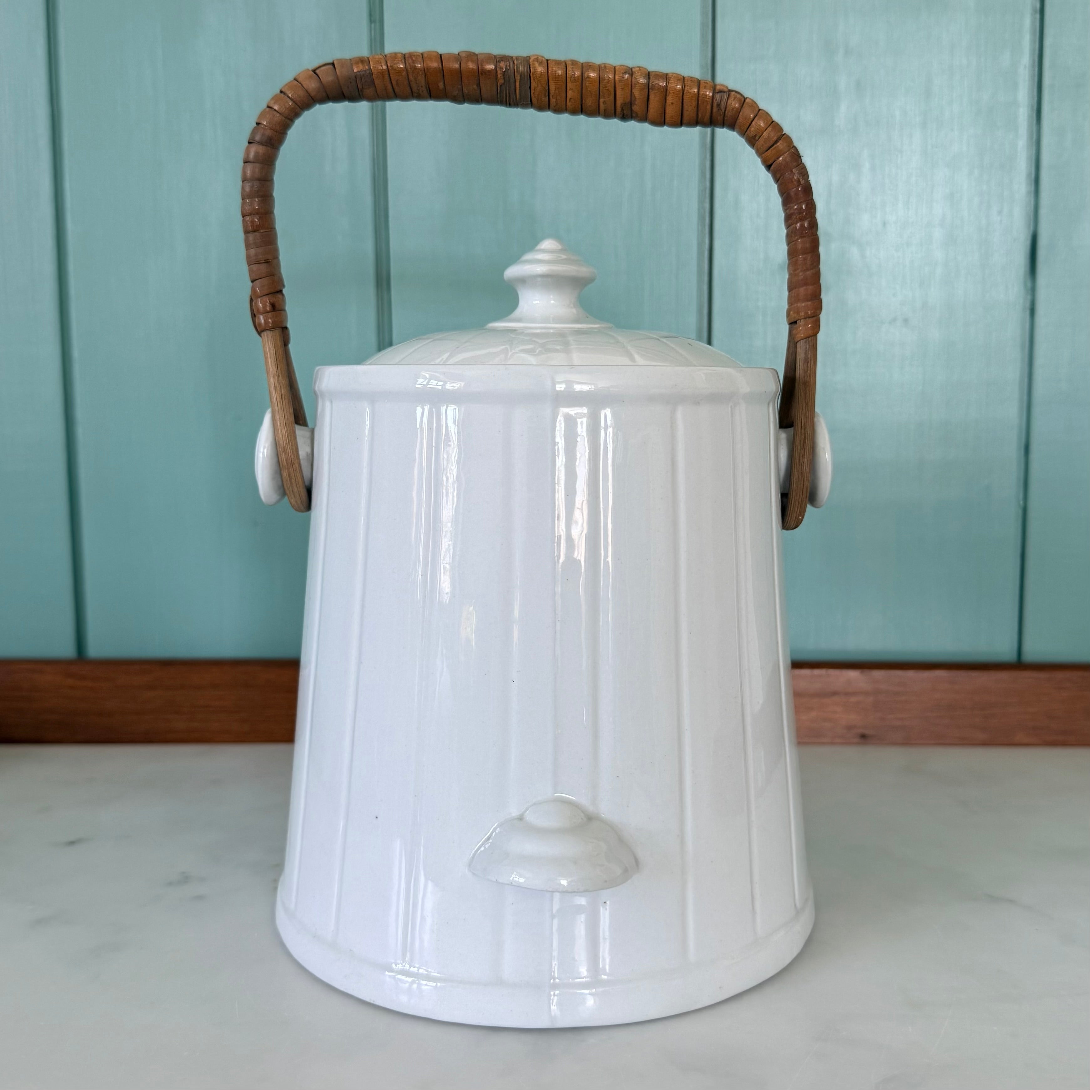 Antique Edwardian White Ironstone HOT WATER Jug Wicker Handle &amp; Lid