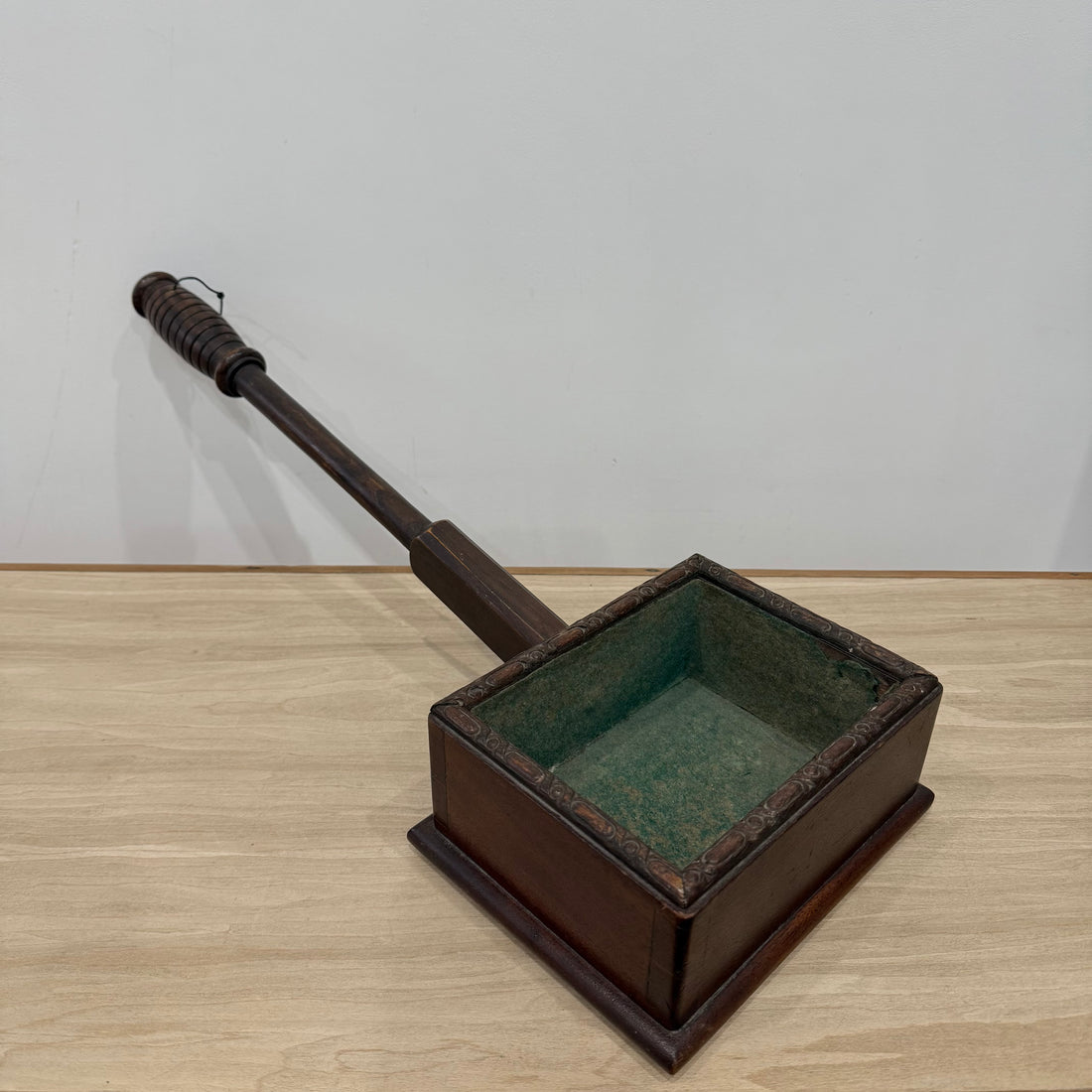 Antique Wooden Church Collection Box on Handle with Green Felt Interior