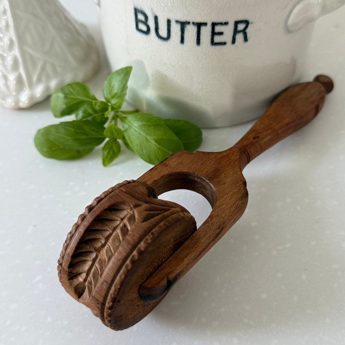 Antique Treen Wooden Butter Roller Deep Carved Leaf Print Dairy Kitchenalia