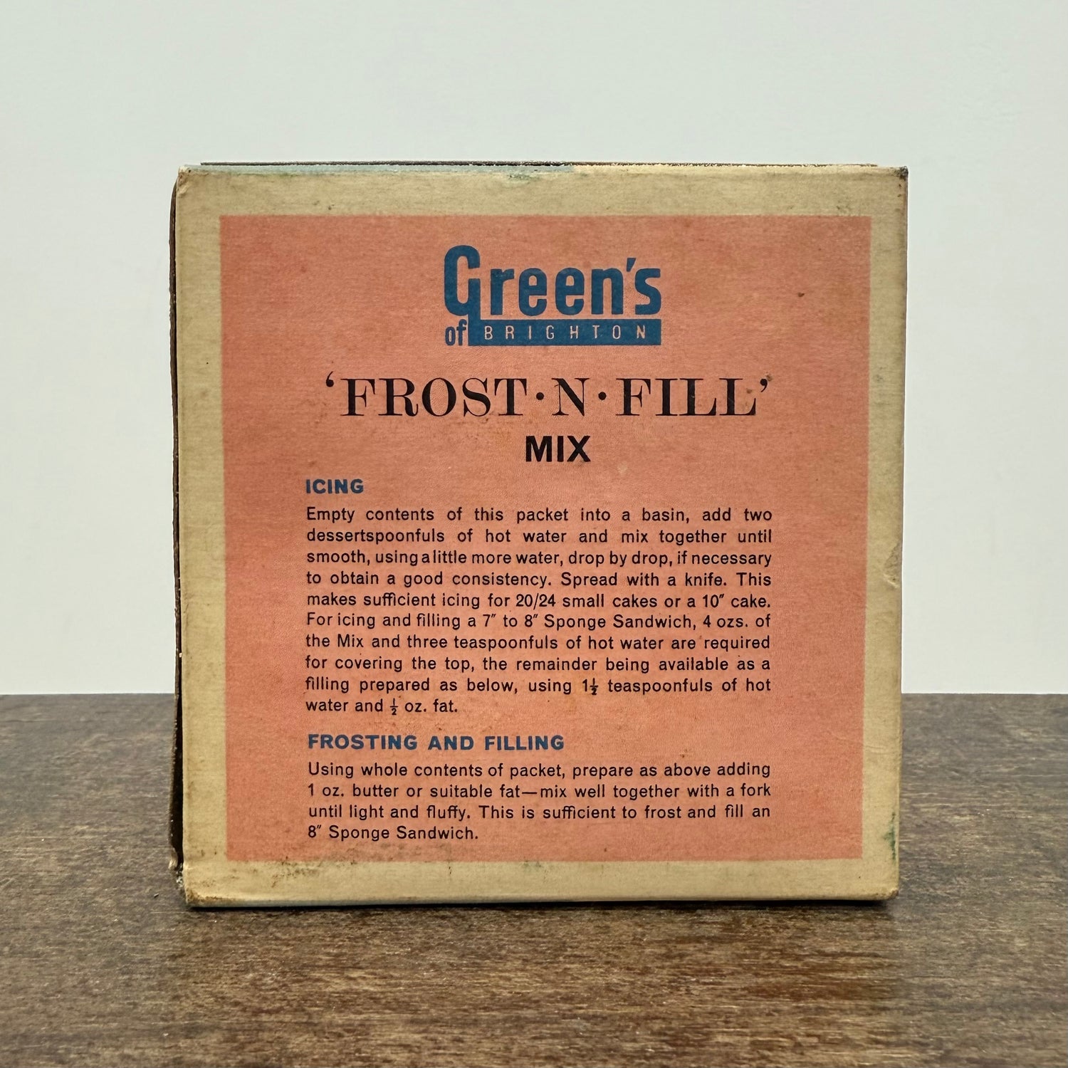 Vintage Green’s of Brighton ‘Frost-N-Fill’ Cake Icing Mix Box – White