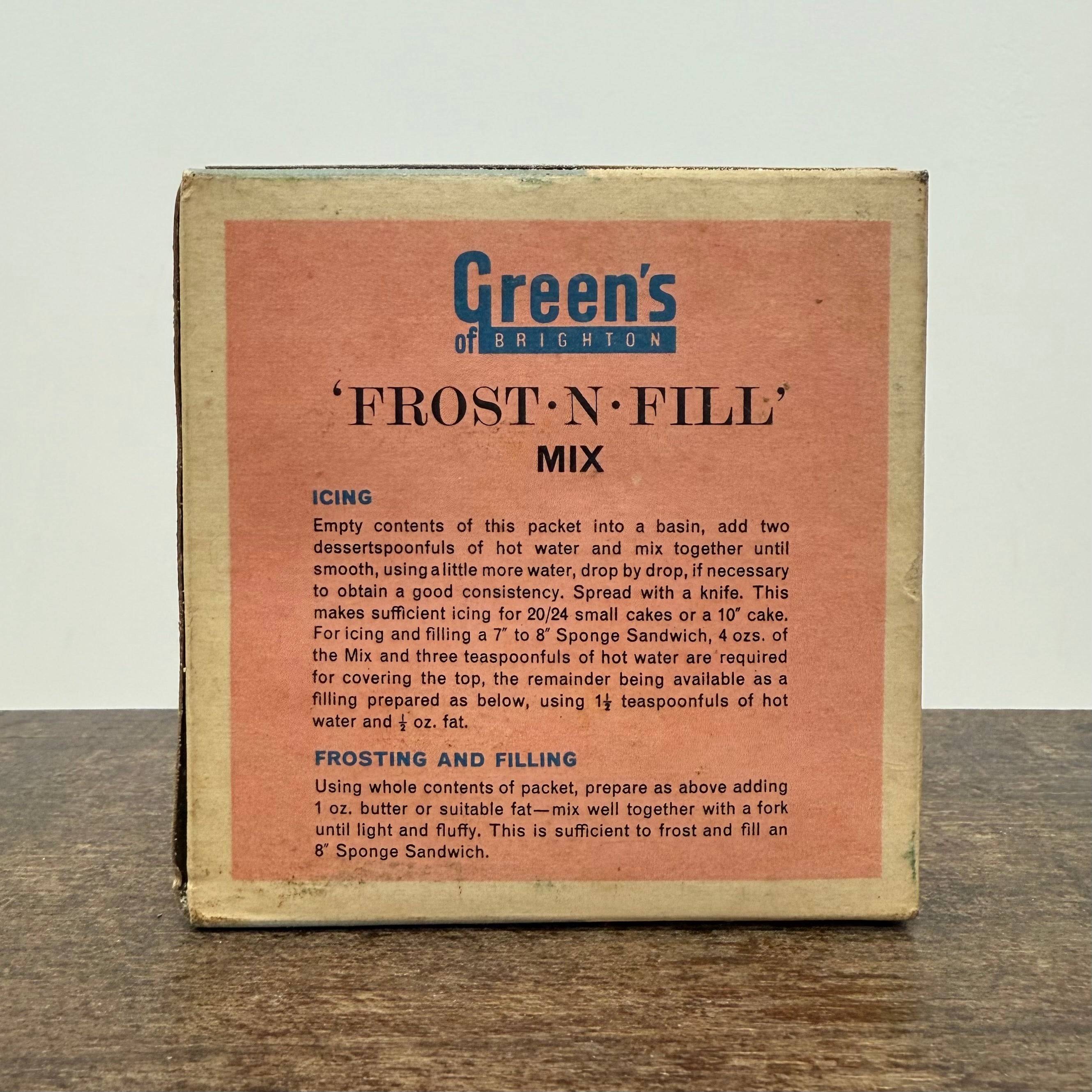 Vintage Green’s of Brighton ‘Frost-N-Fill’ Cake Icing Mix Box – White