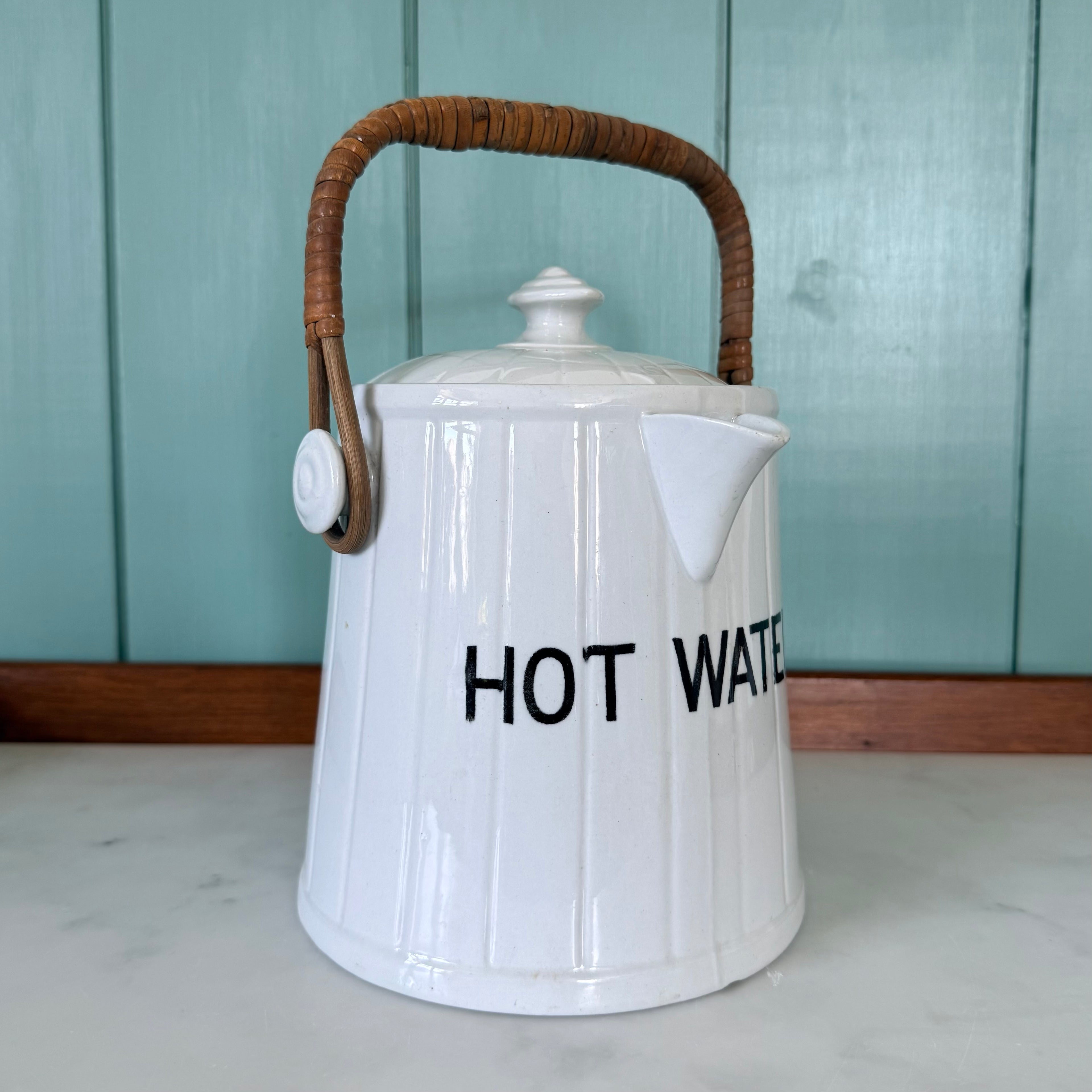 Antique Edwardian White Ironstone HOT WATER Jug Wicker Handle &amp; Lid