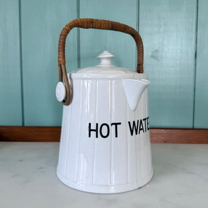 Antique Edwardian White Ironstone HOT WATER Jug Wicker Handle &amp; Lid