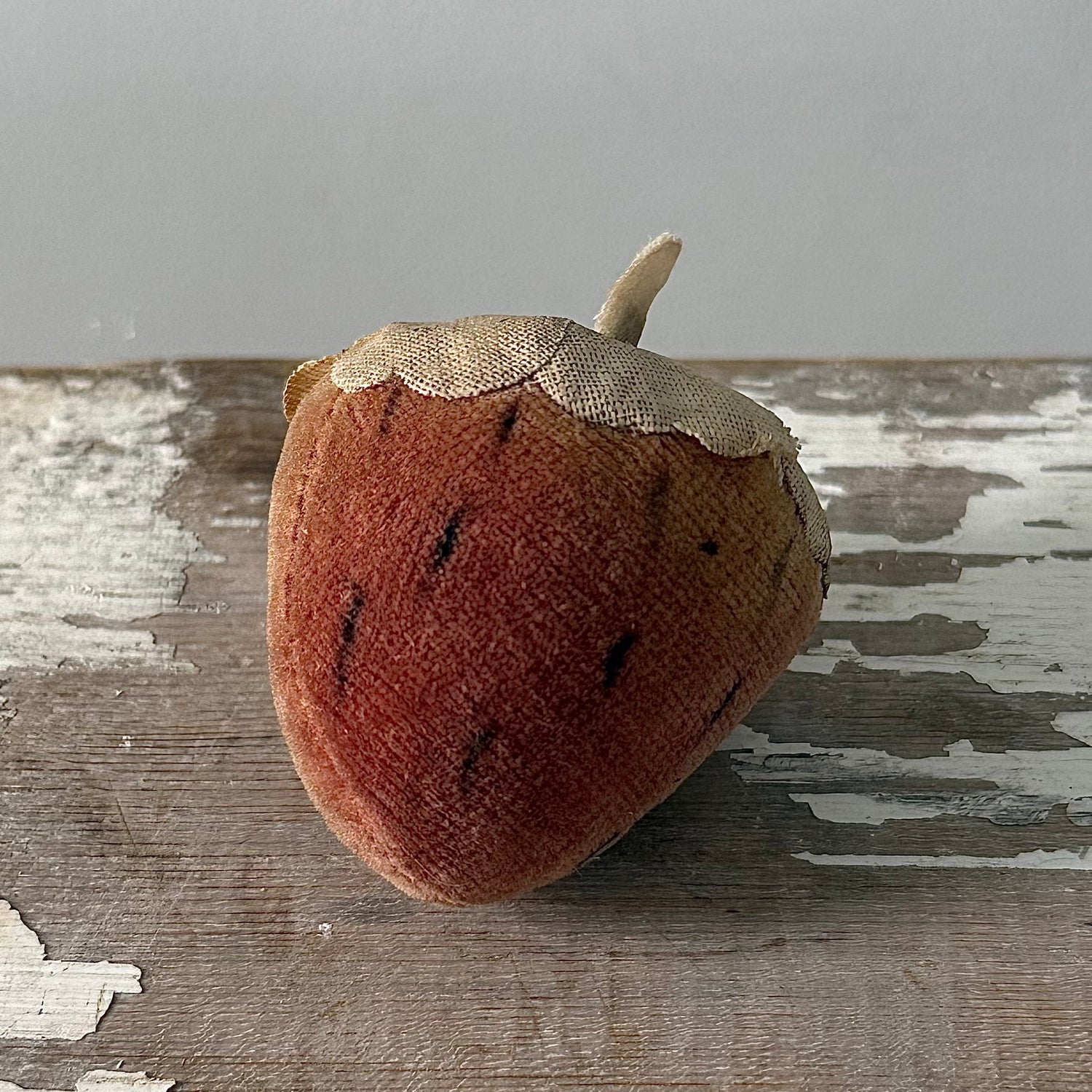 1830s Antique Velvet Strawberry Pin Cushion with Fabric Leaves