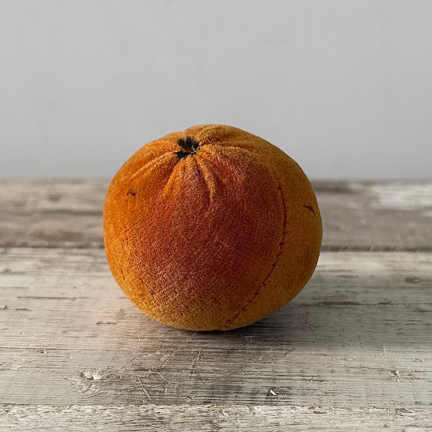 1830s Antique Velvet Orange Pin Cushion with Coated Fabric Leaf Detail