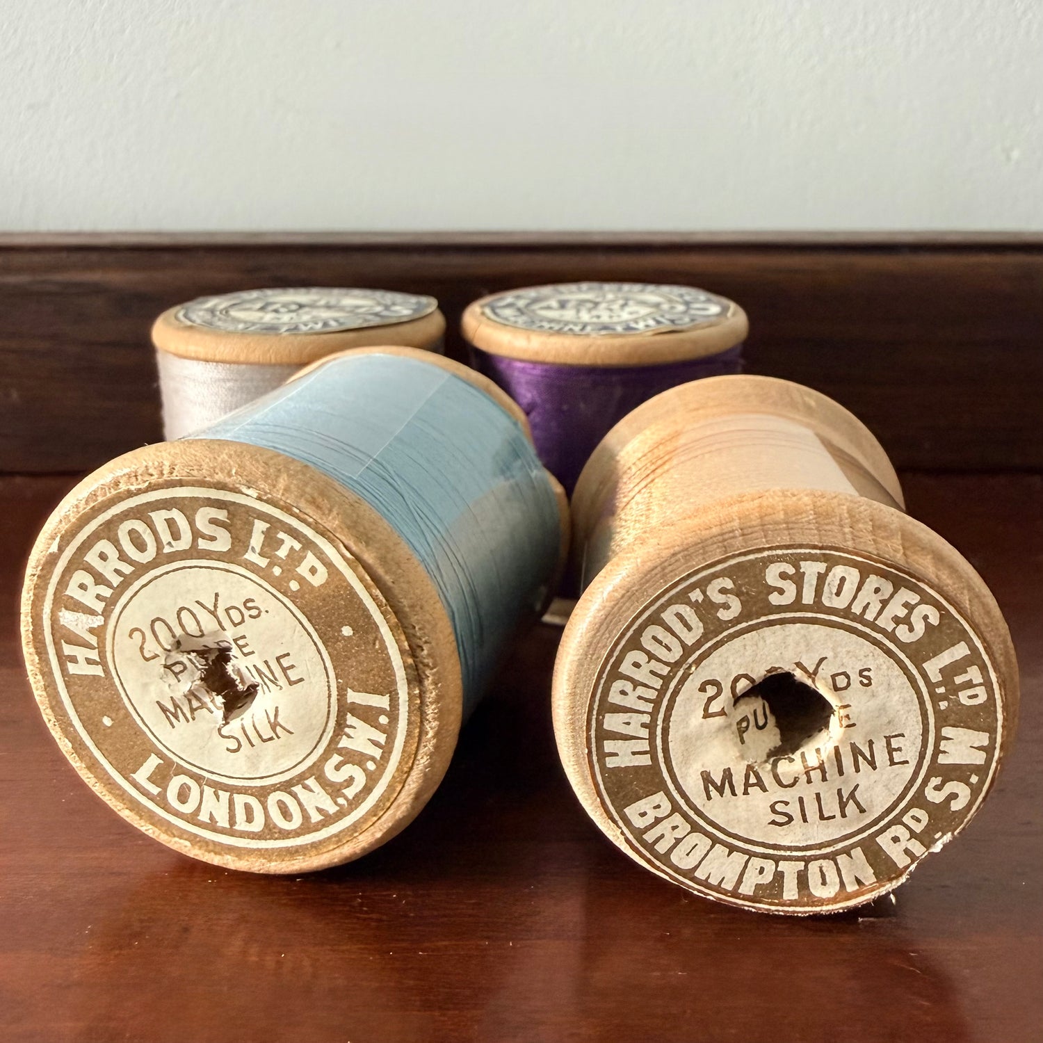 Antique Harrods Wooden Cotton &amp; Silk Thread Reels Set of Four