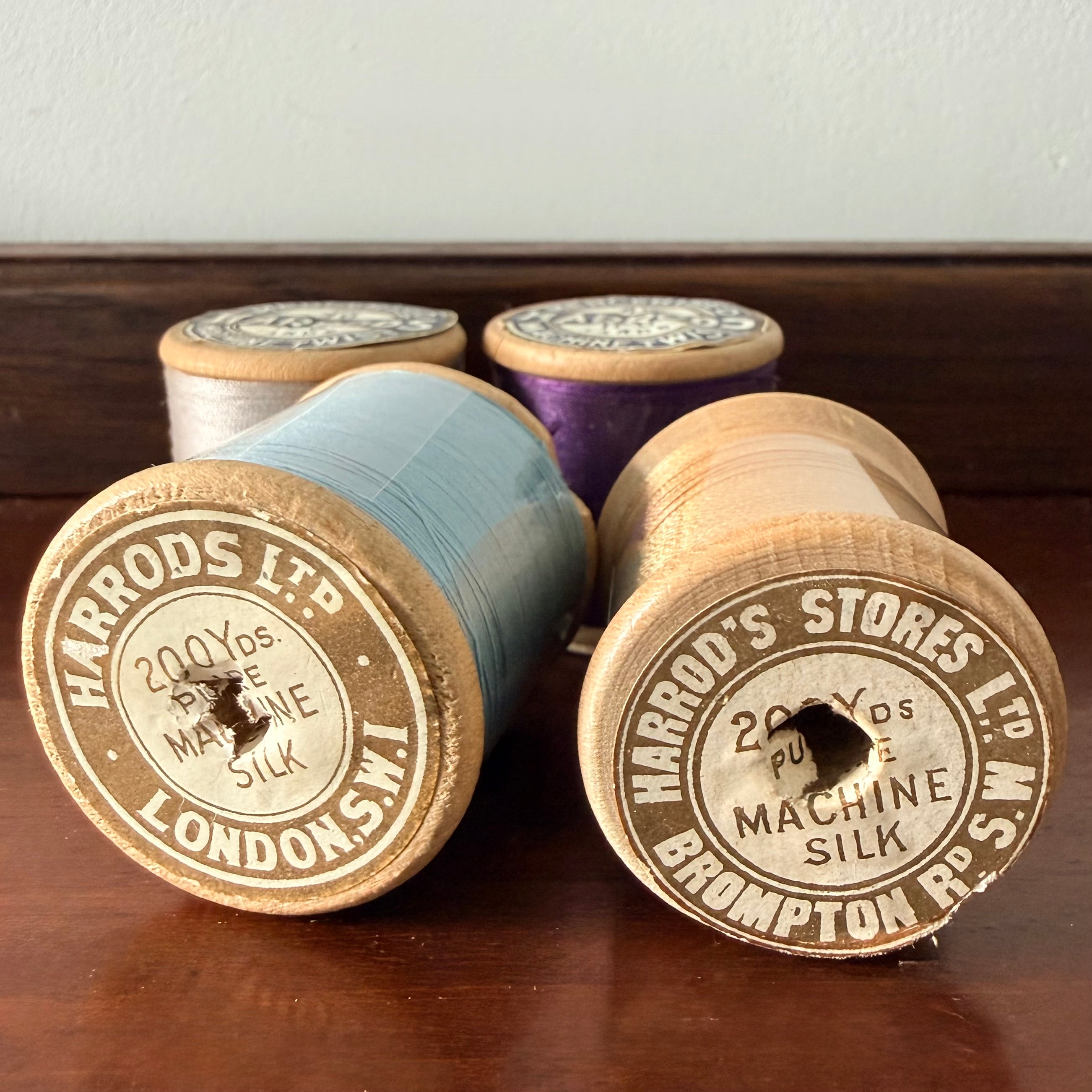 Antique Harrods Wooden Cotton &amp; Silk Thread Reels Set of Four