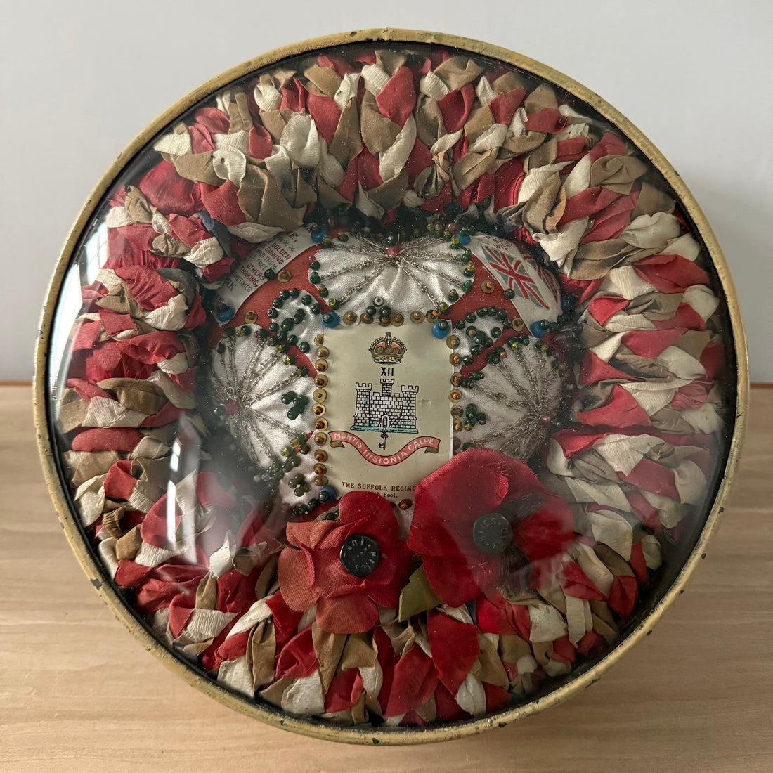 WWI Suffolk Regiment Sweetheart Wreath &amp; Pin Cushion in 1937 Frame