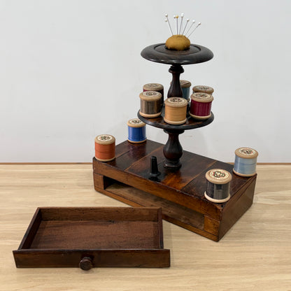 Antique Wooden Thread Spool Stand with Drawer and Silk Pin Cushion