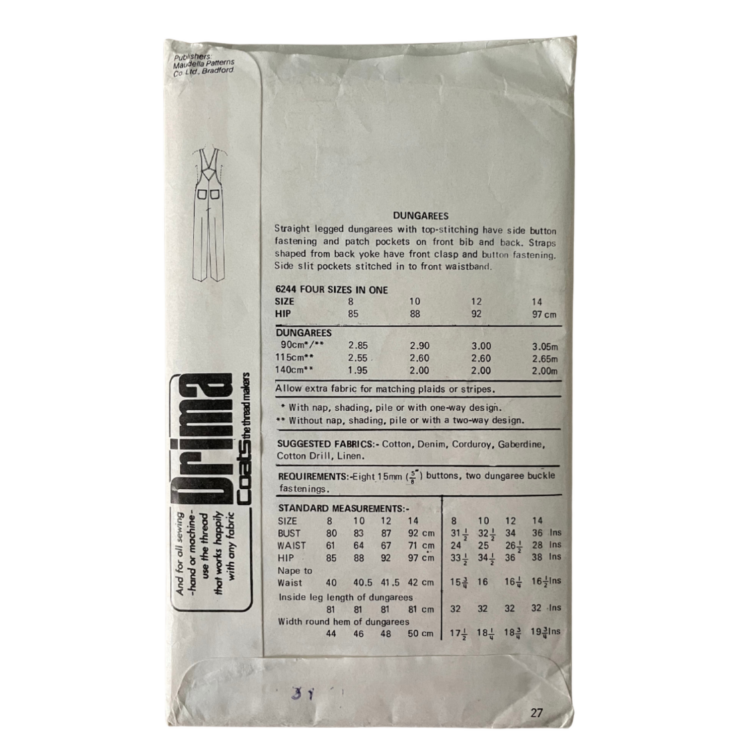 New Look 6244 Womens Size 6-12 Dungarees FF