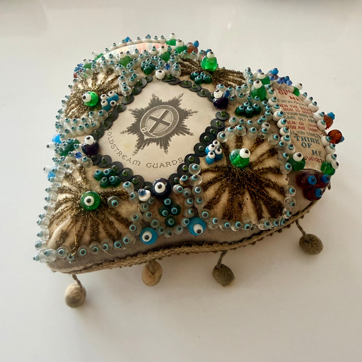 WW1 Coldstream Guards Sweetheart Pin Cushion Beaded Heart Think of Me
