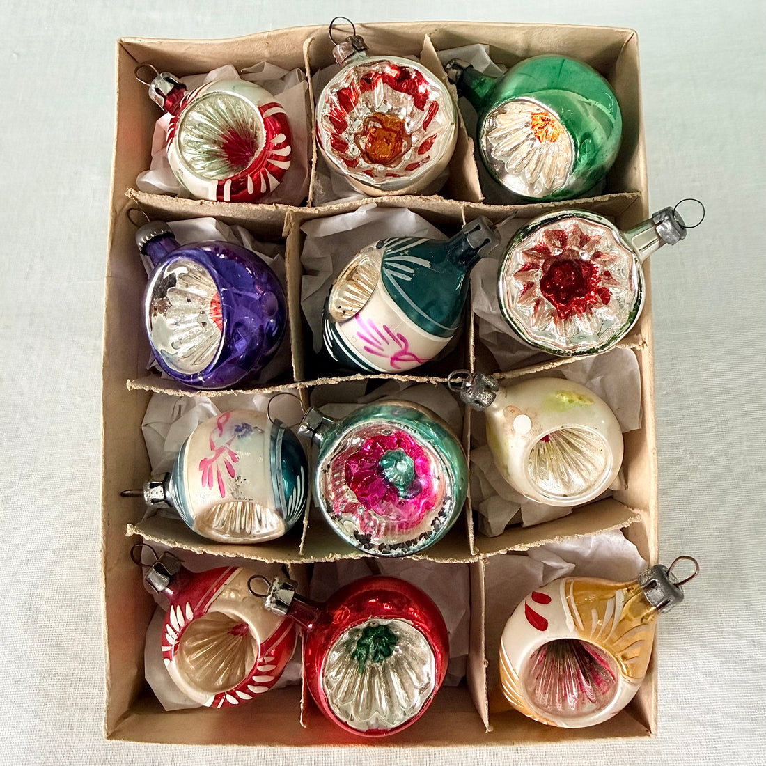 Boxed Set of 12 Vintage Concave Glass Christmas Decorations