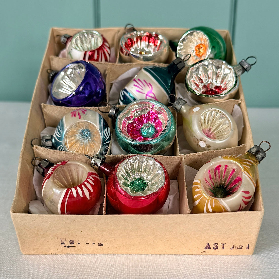 Boxed Set of 12 Vintage Concave Glass Christmas Decorations