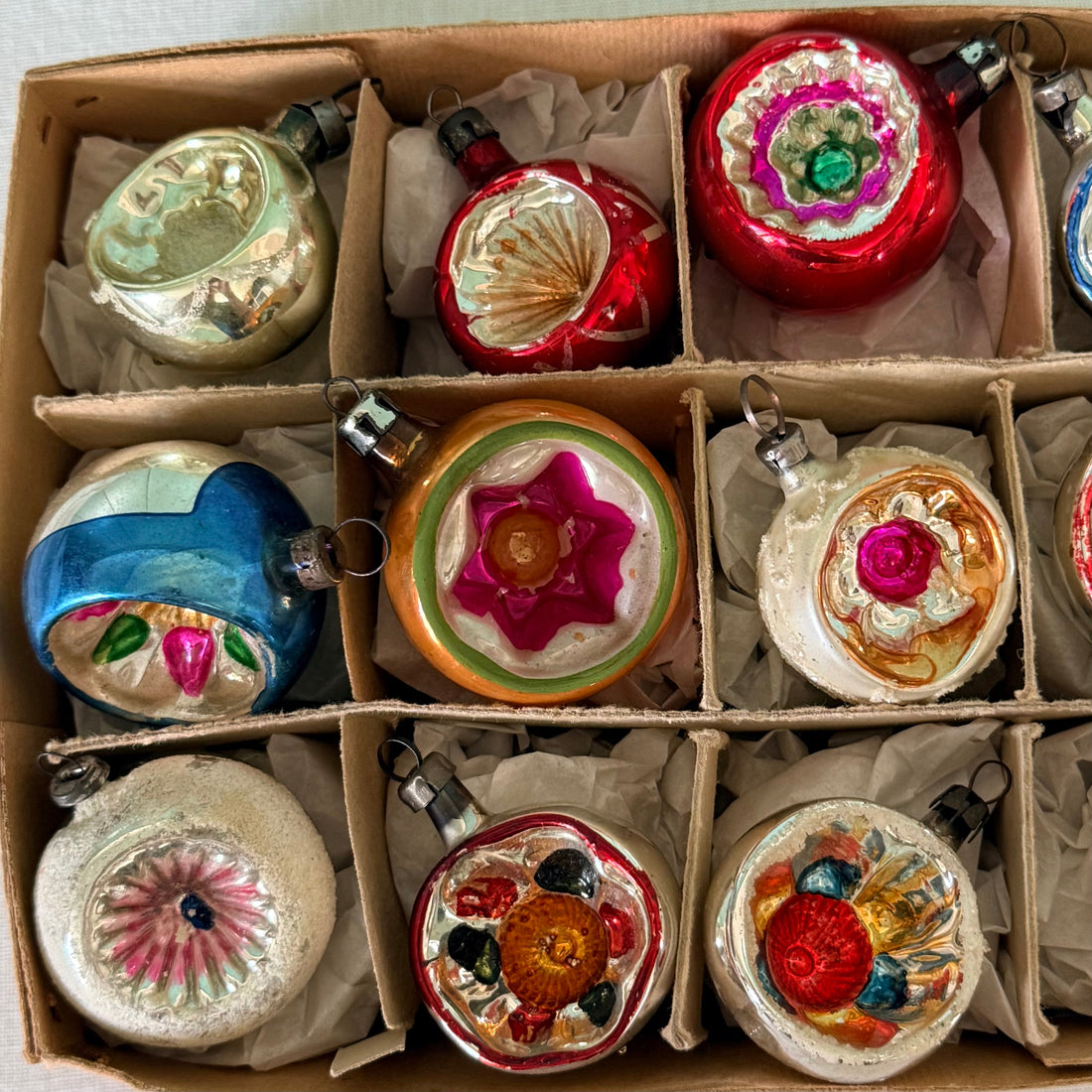 Boxed Set of 12 Vintage Concave Reflector Glass Baubles