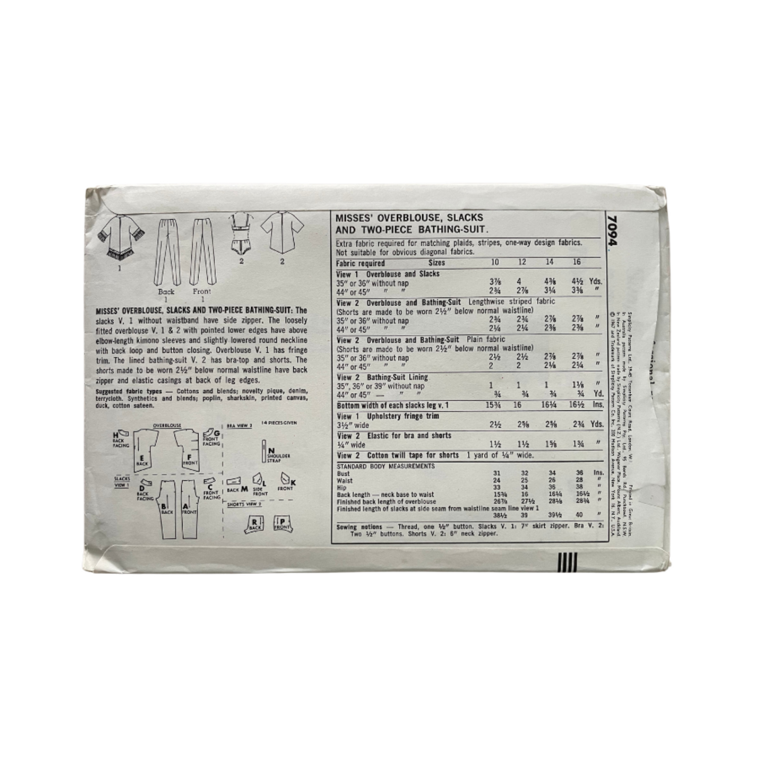 Simplicity 7094 Womens Size 12 Blouse Trousers Swimsuit FF