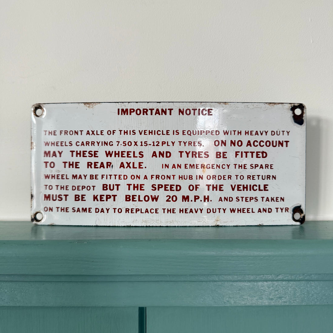Vintage Enamel Commercial Vehicle Tyre Instruction Plate c.1950s