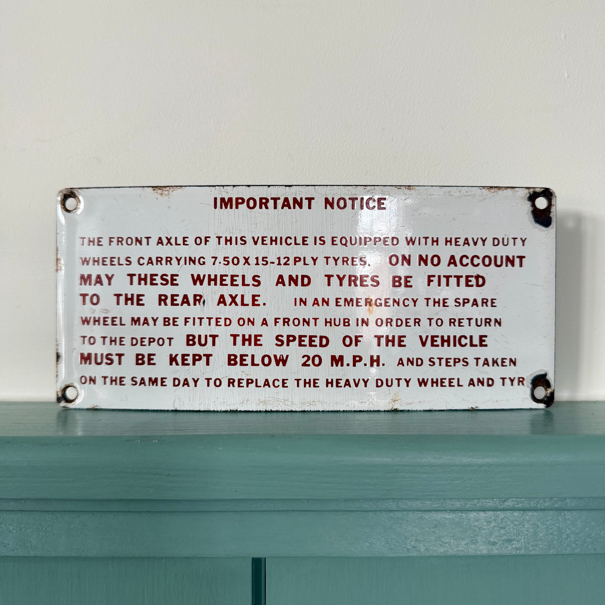 Vintage Enamel Commercial Vehicle Tyre Instruction Plate c.1950s