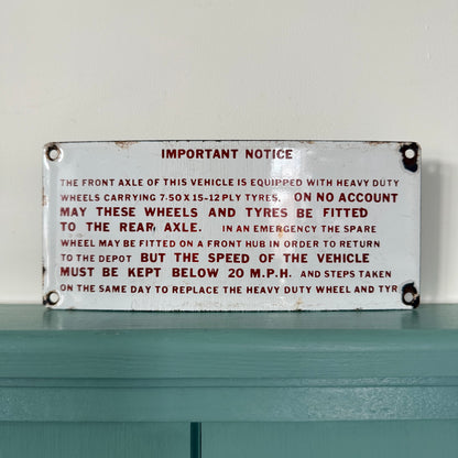 Vintage Enamel Commercial Vehicle Tyre Instruction Plate c.1950s