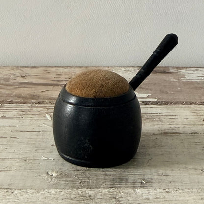 Antique Victorian Treen Saucepan Pin Cushion – Ebonised Wood c.1880
