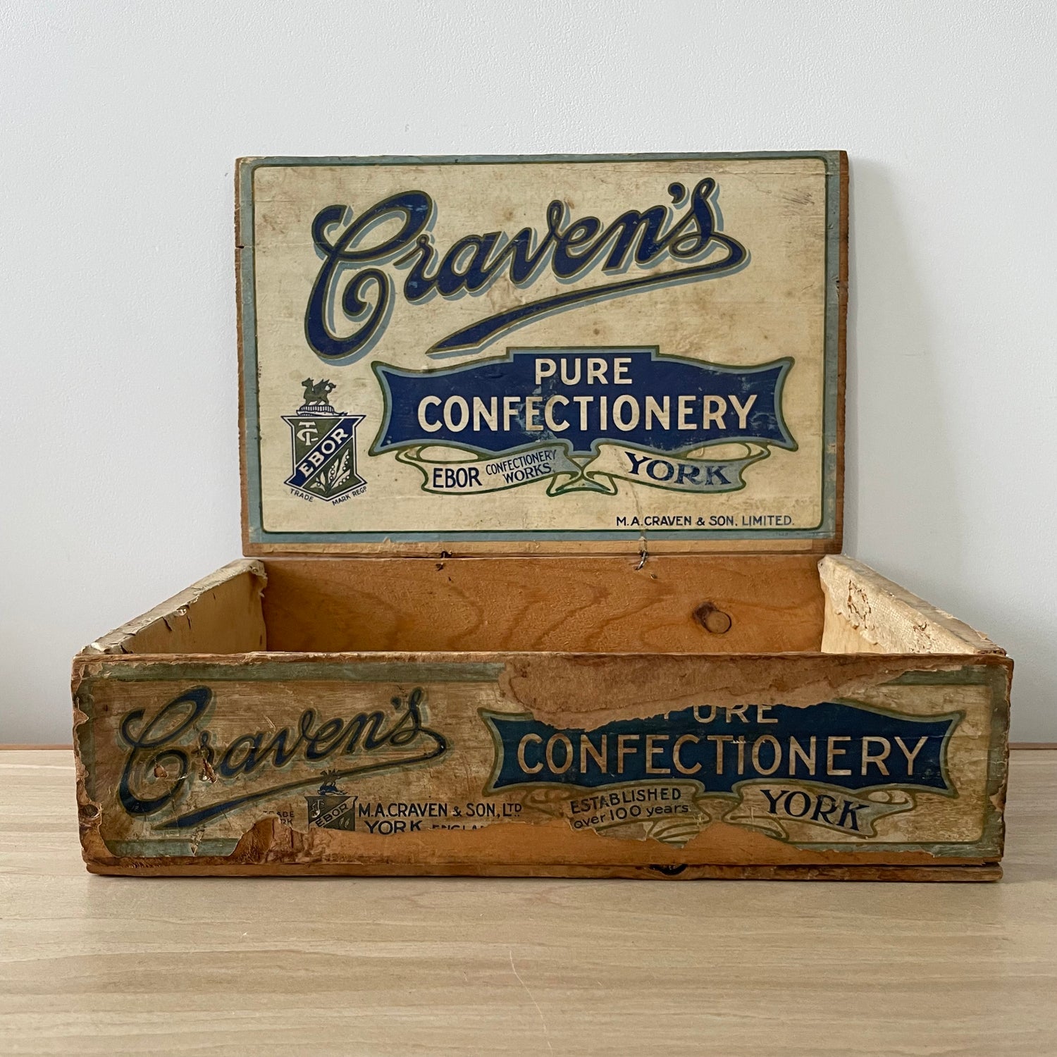 Antique Craven’s Pure Confectionery Wooden Advertising Box – York, Early 1900s