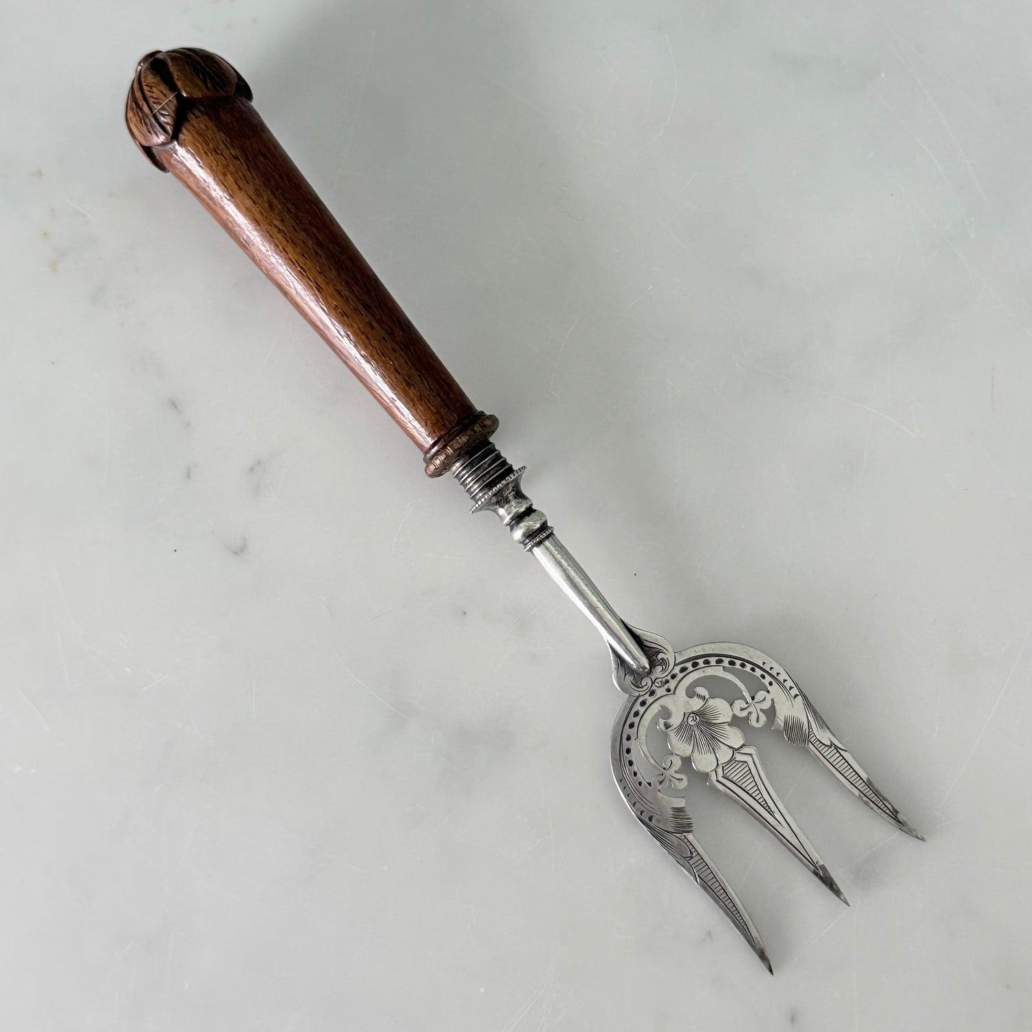 Antique Silver Plated Bread Muffin Fork with Turned Wooden Handle