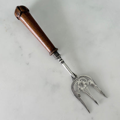 Antique Silver Plated Bread Muffin Fork with Turned Wooden Handle