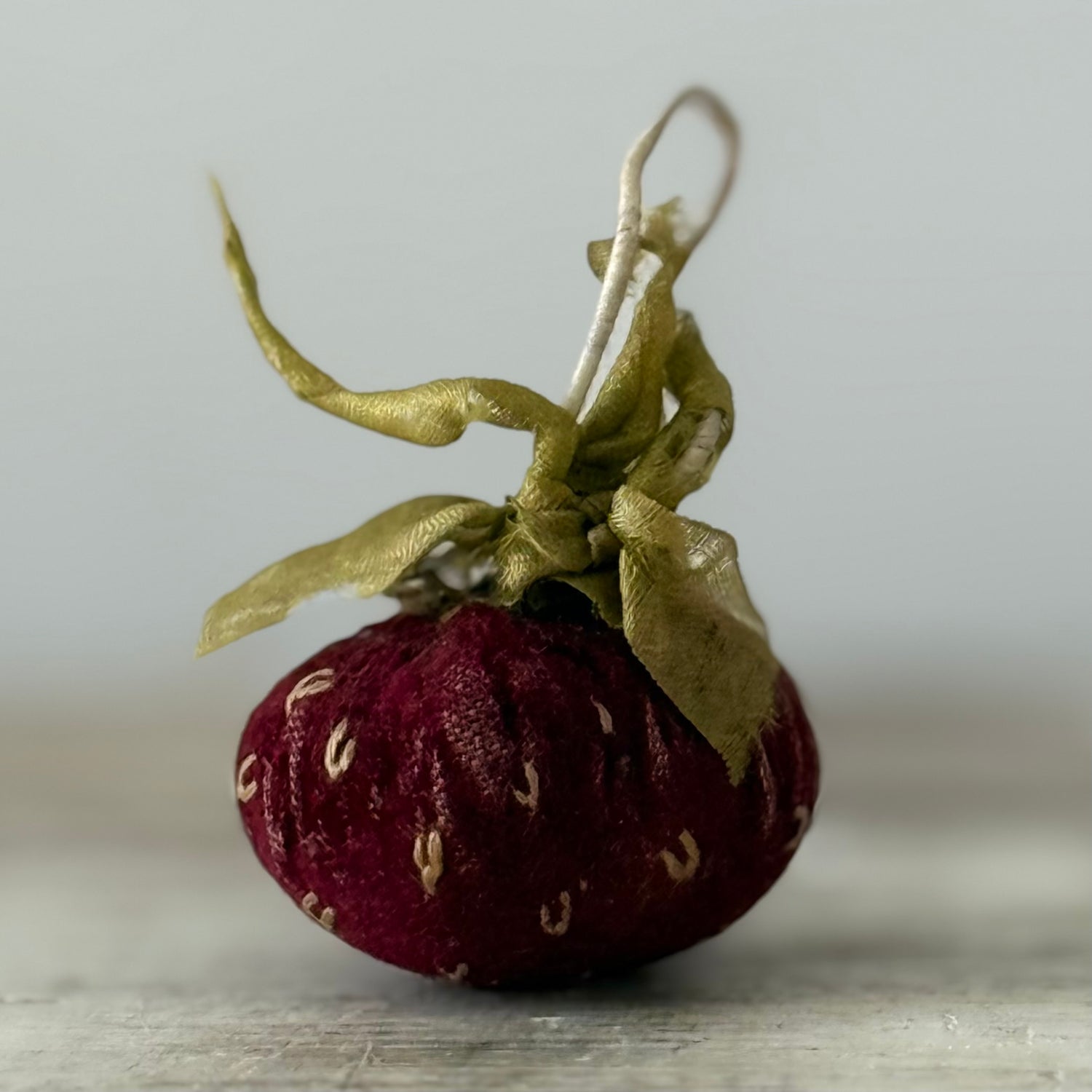 Antique Victorian Velvet Strawberry Emery with Silk Ribbon Leaves