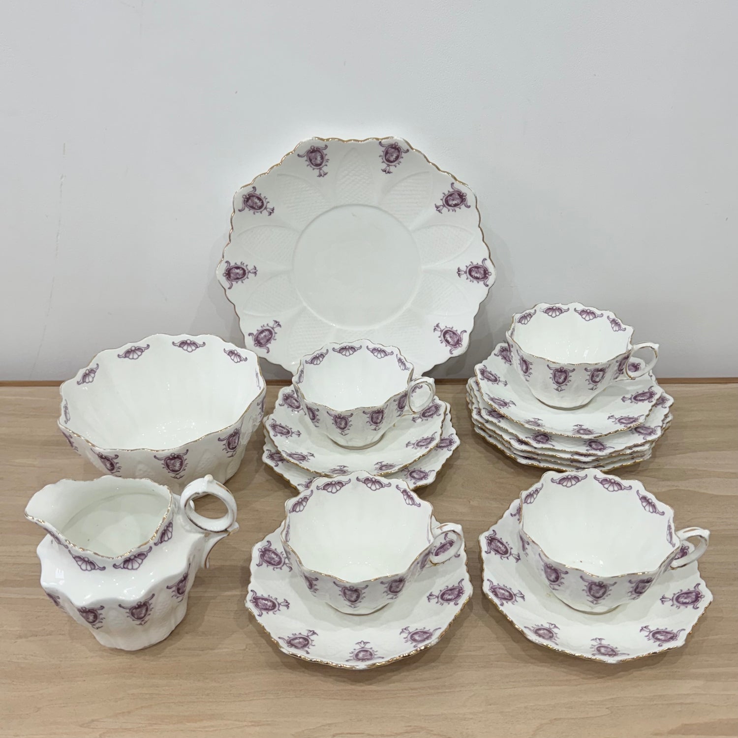 Pre-War Paragon China Purple Cameo Tea Set Cups Saucers Milk Sugar Plate