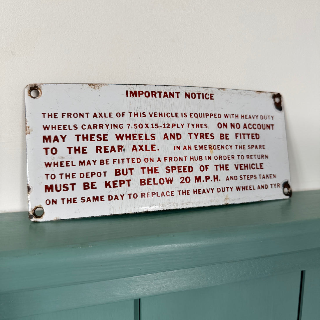 Vintage Enamel Commercial Vehicle Tyre Instruction Plate c.1950s