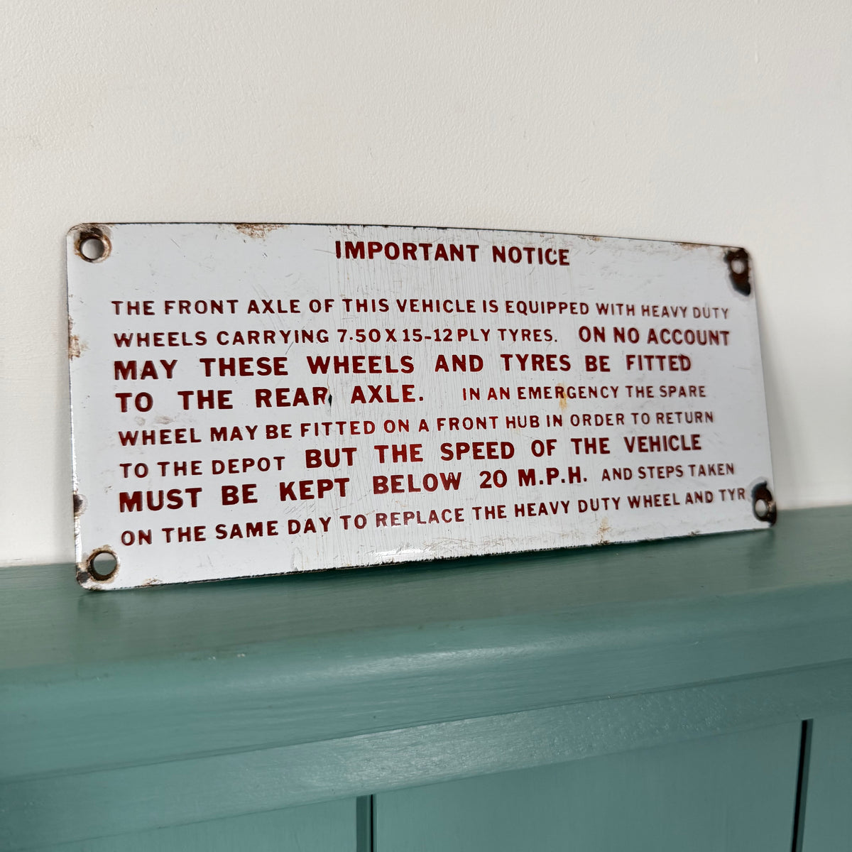 Vintage Enamel Commercial Vehicle Tyre Instruction Plate c.1950s