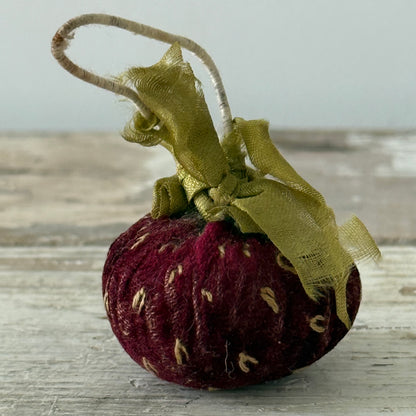Antique Victorian Velvet Strawberry Emery with Silk Ribbon Leaves