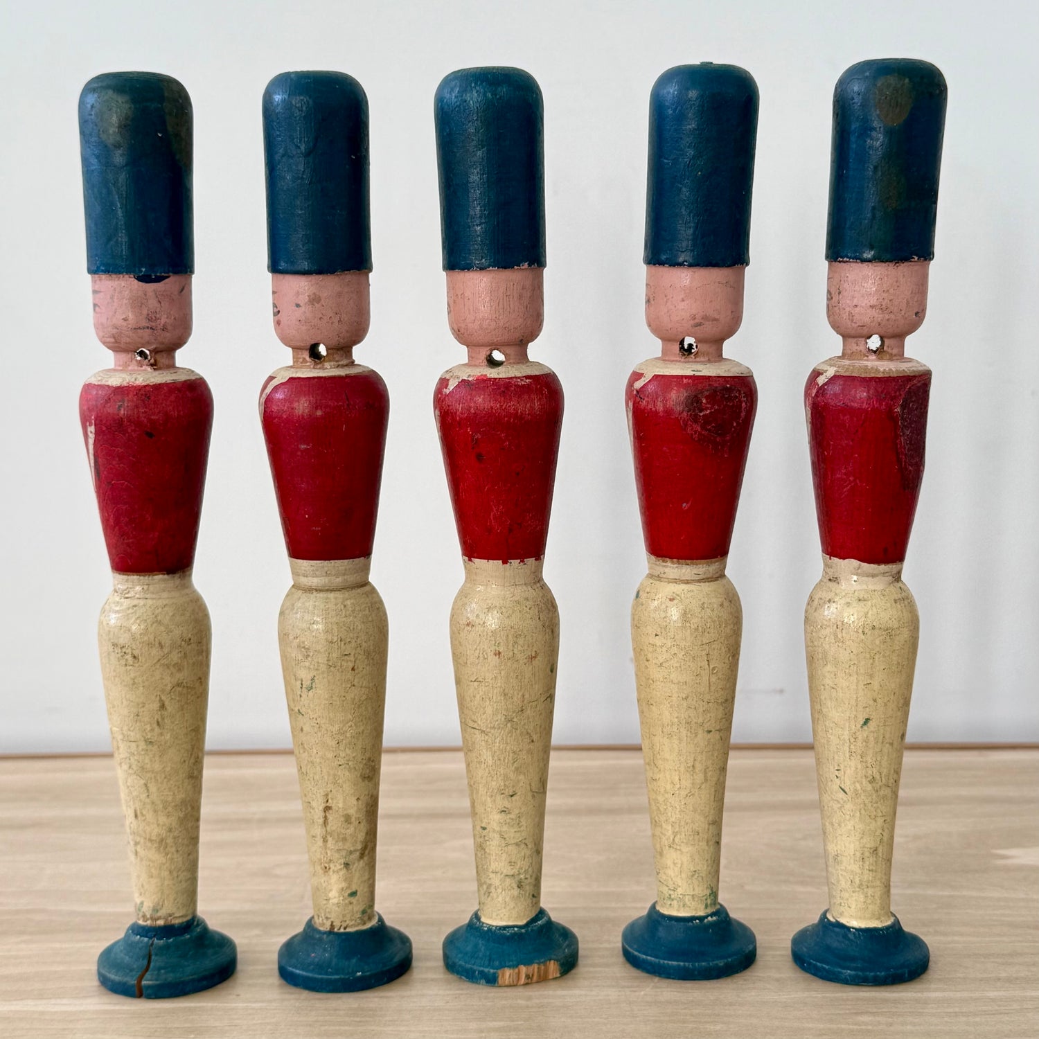 Vintage Wooden Skittles Pins 5 Guardsman Figures 24cm Folk Toy