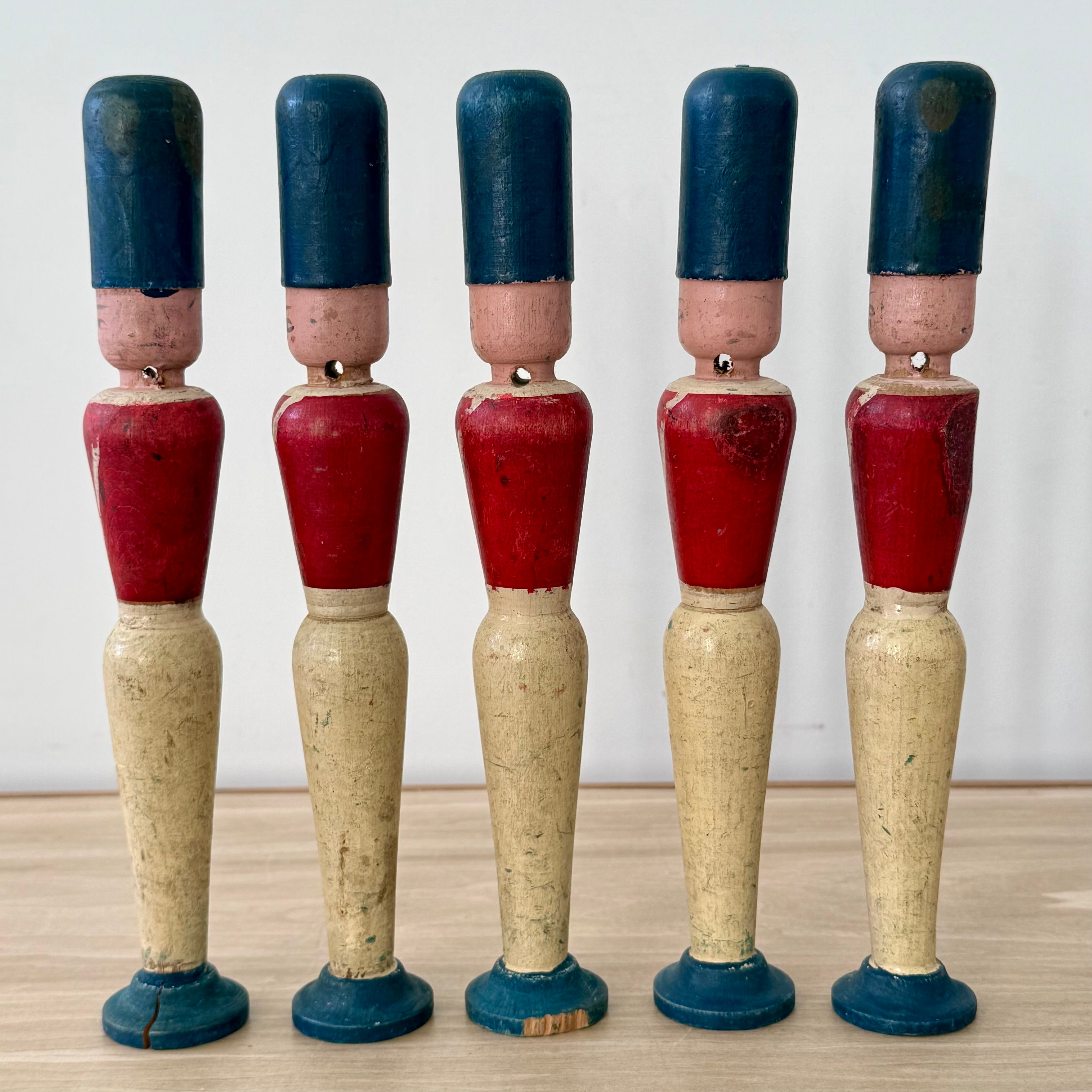 Vintage Wooden Skittles Pins 5 Guardsman Figures 24cm Folk Toy