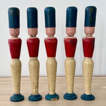 Vintage Wooden Skittles Pins 5 Guardsman Figures 24cm Folk Toy