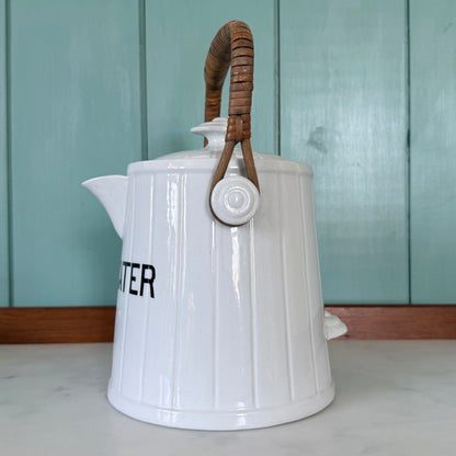 Antique Edwardian White Ironstone HOT WATER Jug Wicker Handle &amp; Lid