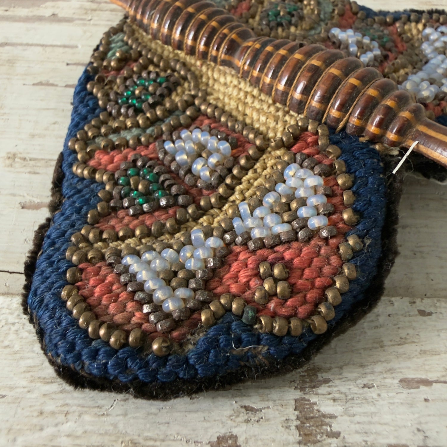 Antique Victorian Beaded Butterfly Needle Book / Pincushion with Turned Wooden Body