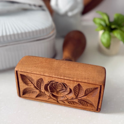 Antique Treen Butter Stamp Single Rose Rectangular