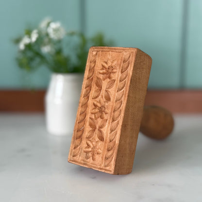 Antique Carved Wooden Floral Butter Stamp / Treen Mould Press