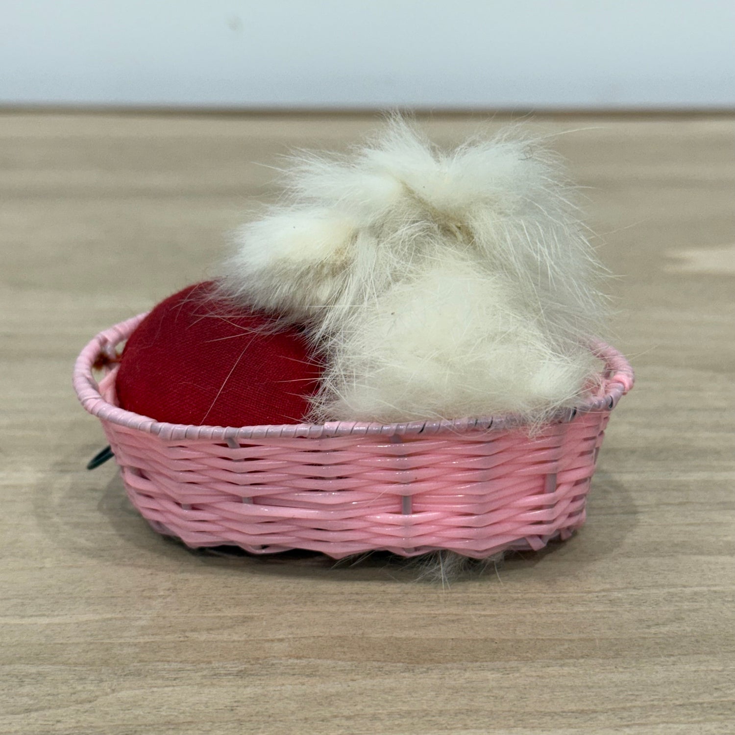 Vintage Dog in Basket Tape Measure &amp; Pincushion, Boxed, Working 36”