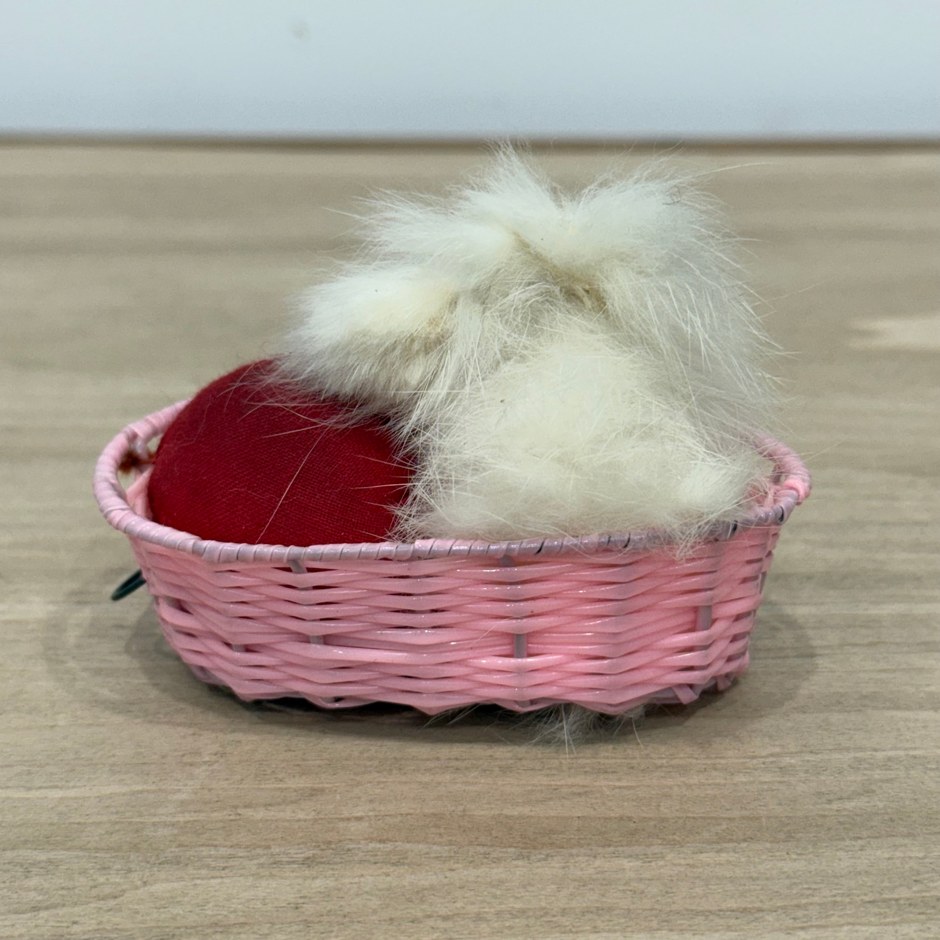 Vintage Dog in Basket Tape Measure &amp; Pincushion, Boxed, Working 36”